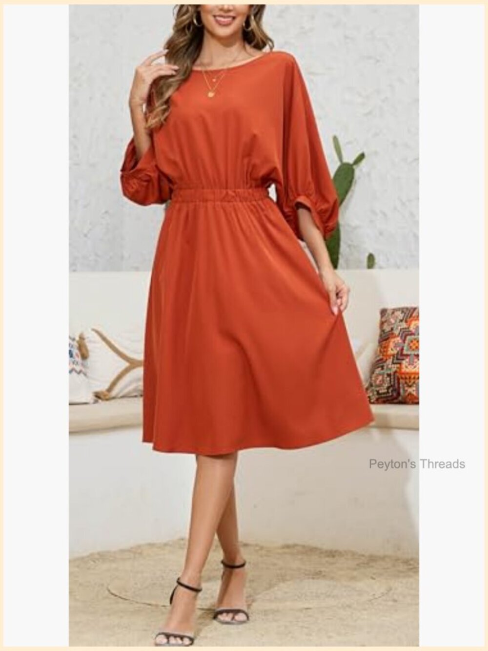 Crew Neck 3/4 Lantern Sleeve Casual Loose Summer Midi Dress - Picture 4 of 5